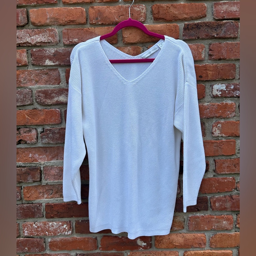 VTG Ballinger Gold Cotton Ribbed White V-Neck Knit Sweater M